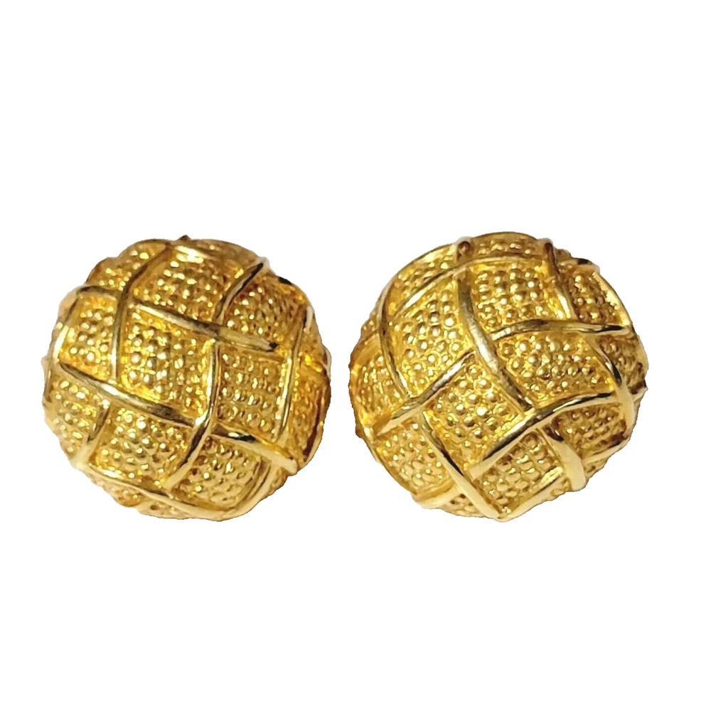 Vintage Dome Clip-one Earrings 1"‎ Round Chunky Textured Gold-tone gc74